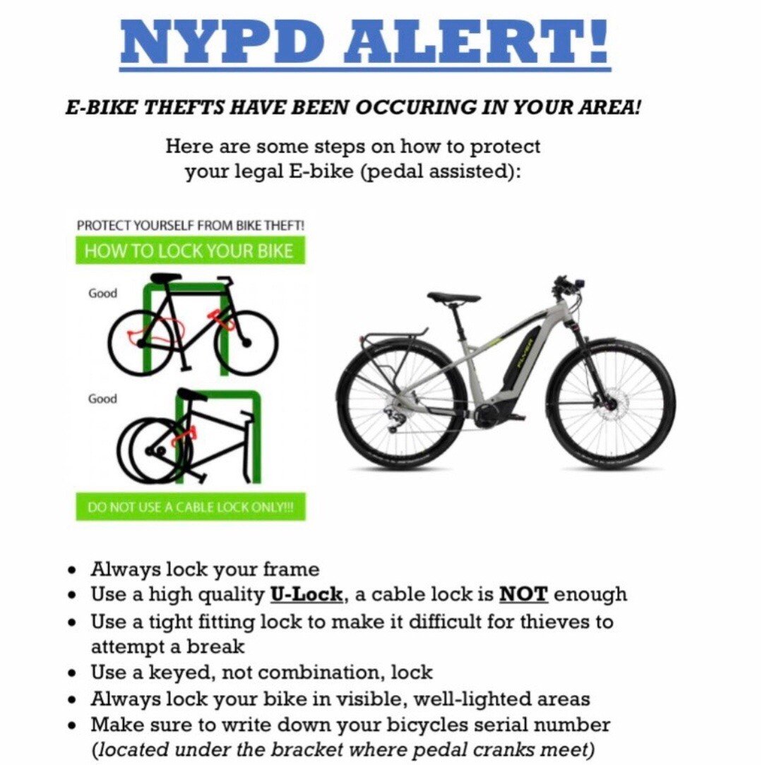 NYPDPSA4's tweet photo. DON'T LEAVE YOUR E-BIKE UNATTENDED. Avoid theft by: ✔️Secure it up properly with multiple locks that are grinder proof. ✔️Consider getting an anti-theft technology system. ✔️Register it with your Crime Prevention Officer. Remove the battery and avoid overnight parking. https://t.co/7jNrTEI8Fr