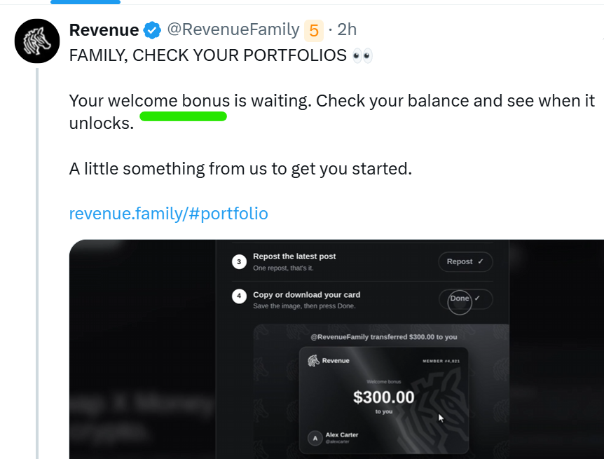 Gautamguptagg's tweet photo. Free $30–$600 for 2 minutes of work by @RevenueFamily 

Found this today. You can potentially get up to $600 by completing a few social tasks.

Steps:

1. Open the link → Connect your X account: https://t.co/f0v4aRVwJP
2. Complete all the social tasks
3. You may receive up to $600 ( mostly users recieving $30-$60) Withdrawal is reportedly available on October 4, with no KYC.

⚠️ Important: They can remove the signup bonus at any time, and there’s no guarantee that the withdrawal will actually work. But it only takes 2 minutes, so it’s worth trying. You can try it with all your X accounts.
