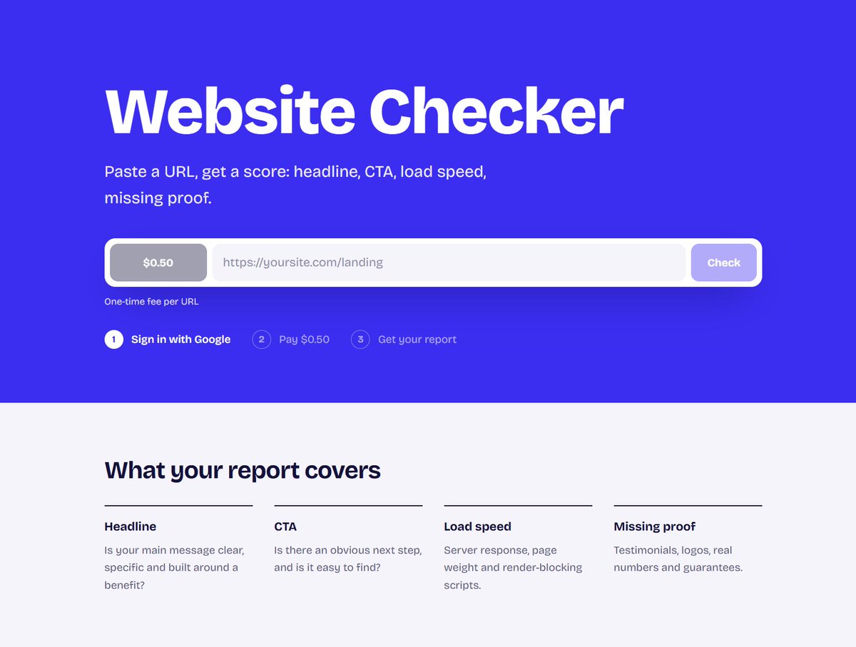 ankitkac's tweet photo. Day 5

Shipped a website checker for SaaS founders.

Paste a URL and get a score on headline, CTA, load speed, and missing proof.

https://t.co/hwMB9dQOnb