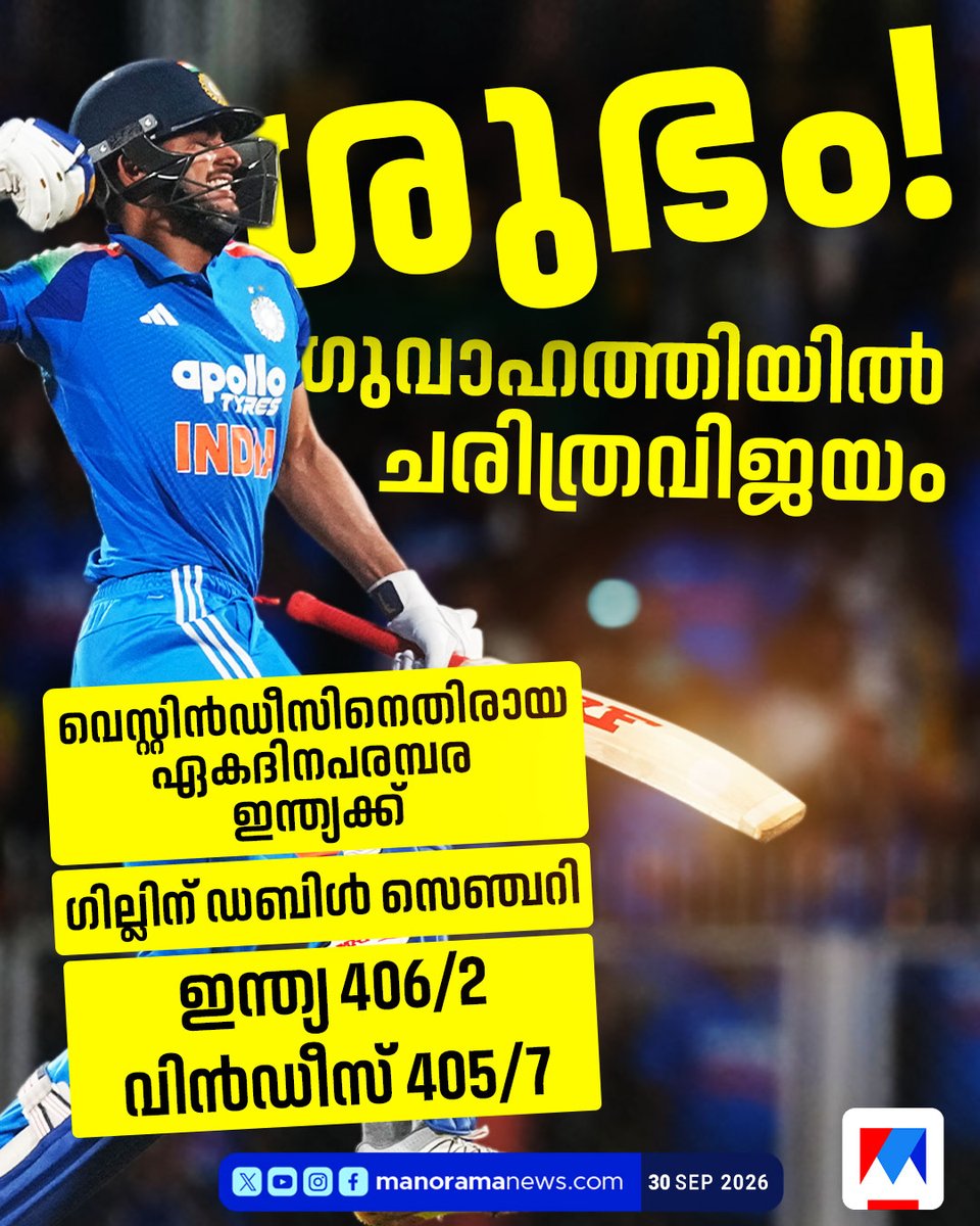 manoramanews's tweet photo. എന്തൊരടി..!; വിൻഡീസിനെ തകർത്തെറിഞ്ഞ് ഇന്ത്യ; ഗില്ലിന് ചരിത്ര ഡബിൾ ടൺ #TeamIndia #ShubmanGill #RohitSharma #IndVsWi #ODIWin #CricketNews https://t.co/iwcchCSByI