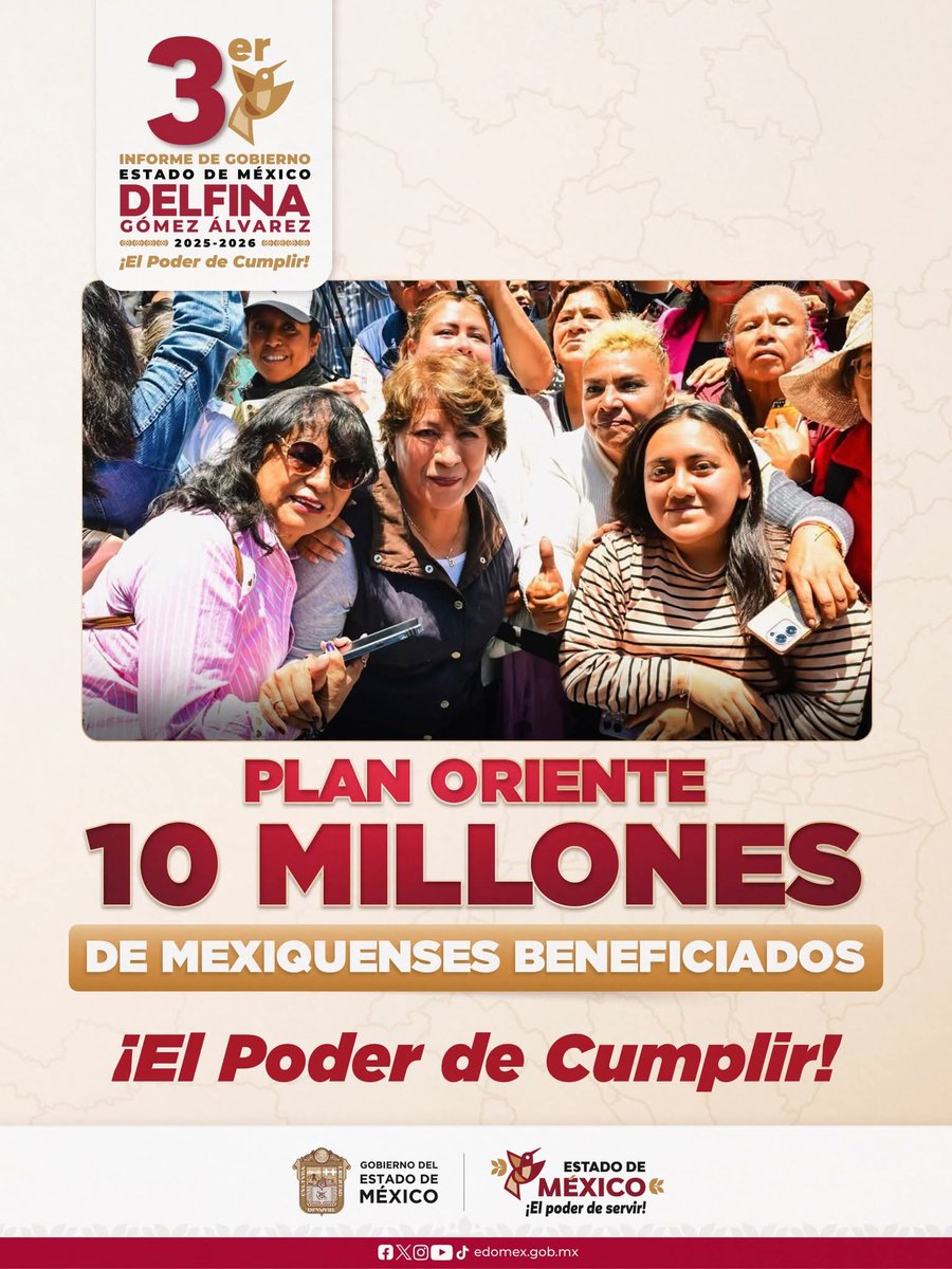 SGGEdomex's tweet photo. Con el #PlanOrienteEdoMéx, a tres años de gobernar para el pueblo, hacemos historia con acciones que mejoran la calidad de vida de las y los mexiquenses, con el impulso de la Presidenta @Claudiashein y la Gobernadora @delfinagomeza.

#InformeDelfina #ElPoderDeCumplir https://t.co/91xNBmpvkF