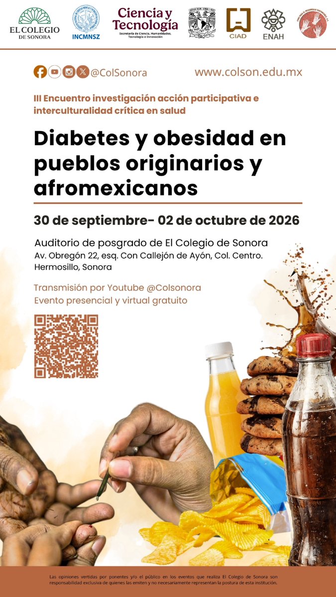 incmnszmx's tweet photo. ATENCIÓN POR CAUSAS DE FUERZA MAYOR LA INAUGURACIÓN SERÁ EL DÍA DE MAÑANA; JUEVES 1 OCTUBRE A LAS 8:00 AM
III Encuentro investigación acción participativa e interculturalidad critica en salud
Diabetes y obesidad en pueblos originarios y afromexicanos
Transmisión por Youtube https://t.co/eXhsaxS1yj