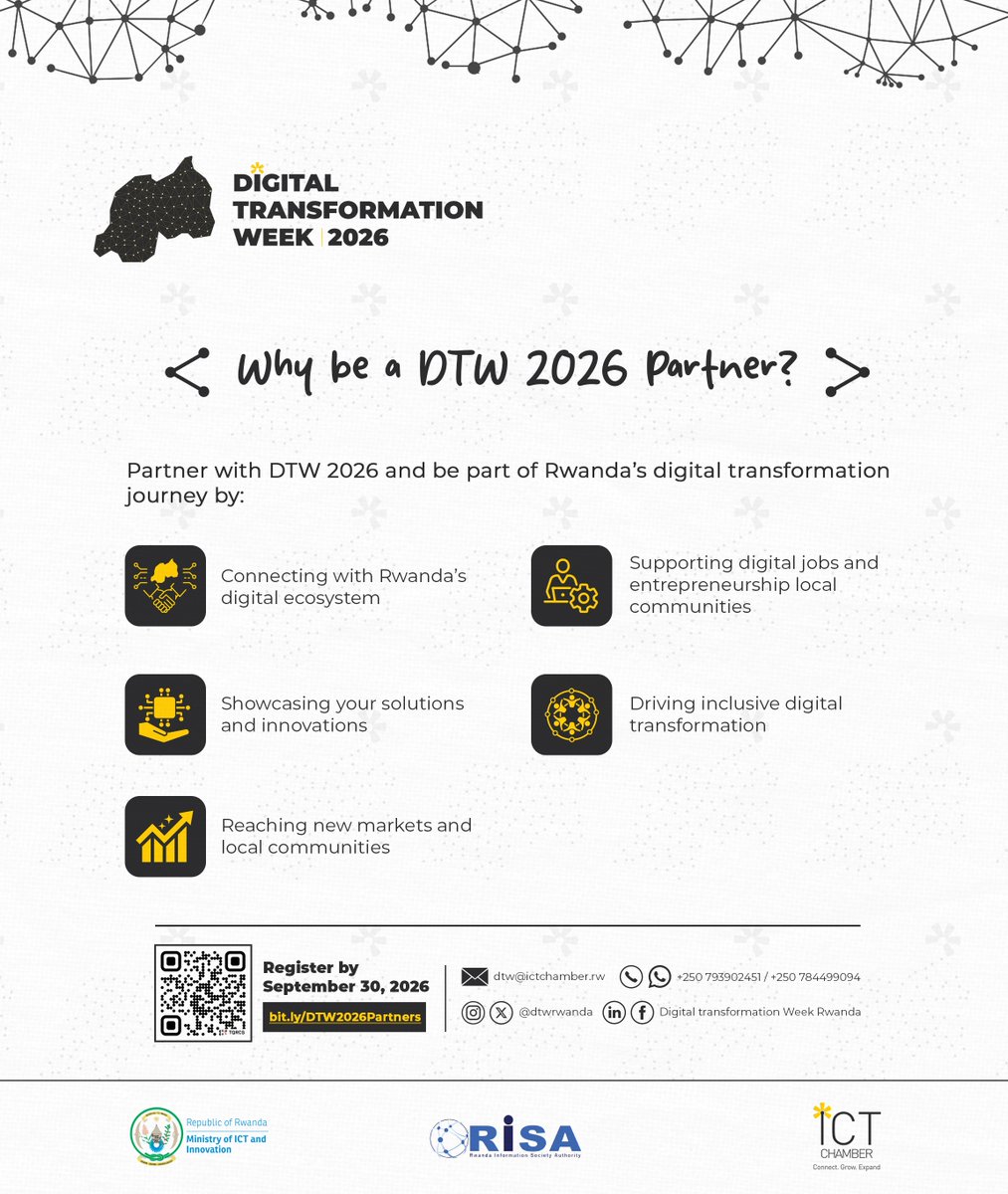 rwictchamber's tweet photo. 🛑#DTW2026Partners
From connecting local communities to digital solutions, supporting youth and digital jobs, promoting local innovations, digitizing SMEs, and creating new business and market opportunities, #DTW 2026 gives partners a platform to turn their #contribution into real #impact.

Become a DTW 2026 partner today and help shape Rwanda’s digital future.> https://t.co/Z276FVUys0

#DTW2026 #DigitalTransformation #DigitalEconomy