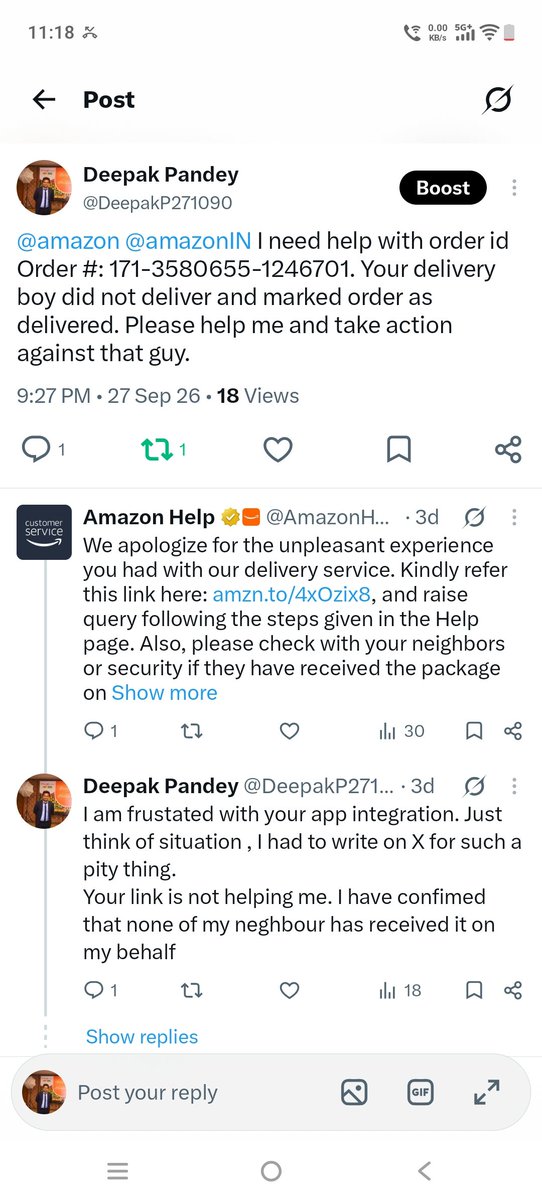 DeepakP271090's tweet photo. @jagograhakjago I have ordered something from Amazon which was scheduled to be delivered on 26 Sep . They have not dlivered it and marked it as delivered. They don't have any mechanism to raise complaint in app @AmazonHelp https://t.co/2CBl1Bl7XW