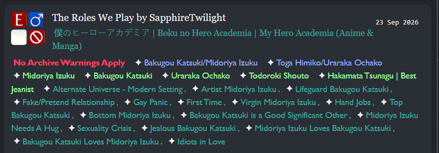 SapTwilight's tweet photo. Wow, lots of people were really eager for the second part of this. Good thing you only had to wait a week.

Make sure to thank Dectra for making this story a reality. Enjoy the ending!!

Title: The Roles We Play
Pair: #BakuDeku
Rating: Ex
Chapters: 2/2

Link ⬇️ https://t.co/tYYJMmLrW3