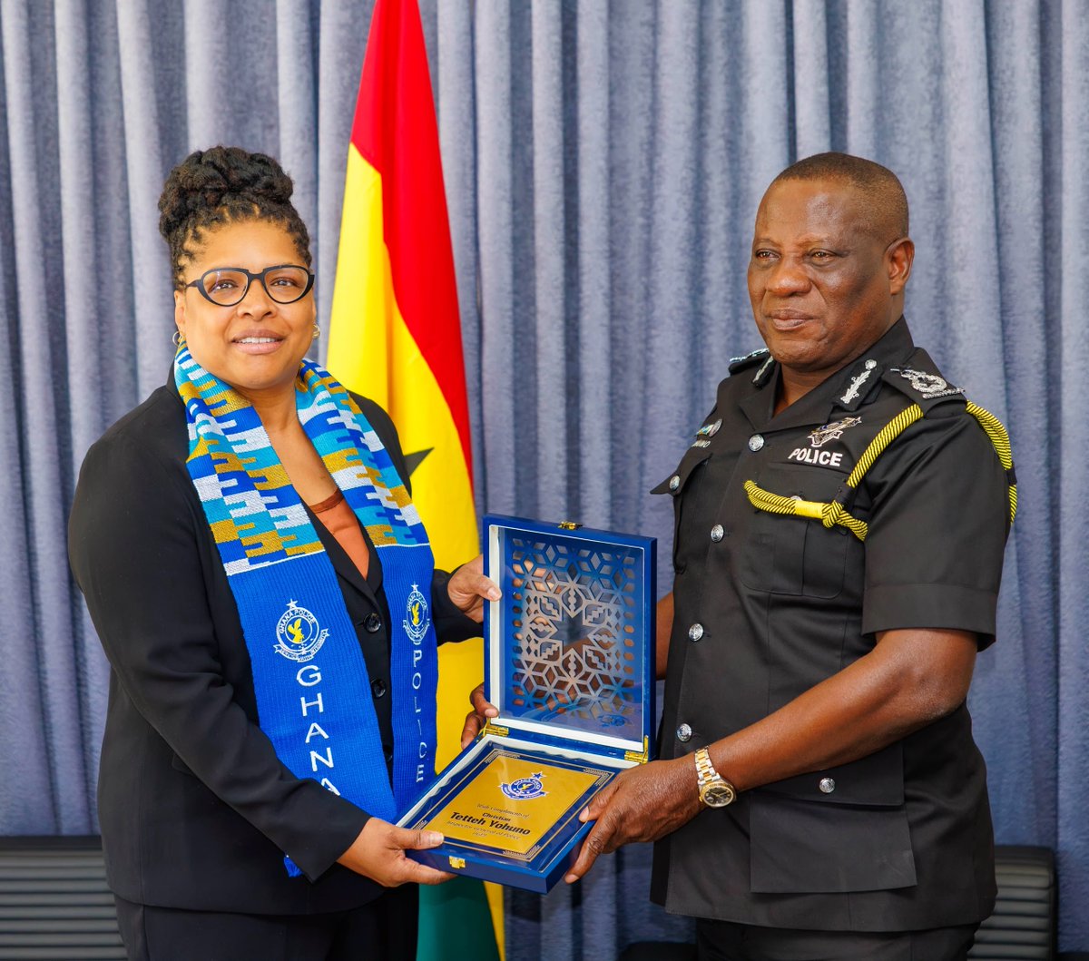 GhPoliceService's tweet photo. #PHOTOSTORY📷H.E. MYRIAM MONTRAT, HIGH COMMISSIONER OF CANADA TO GHANA, TOGETHER WITH MR. ROBERT LIDSTONE OF THE CANADA BORDER SERVICES AGENCY (CBSA), PAID A COURTESY CALL ON THE INSPECTOR-GENERAL OF POLICE, MR. CHRISTIAN TETTEH YOHUNO, AT THE NATIONAL POLICE HEADQUARTERS, ACCRA https://t.co/9fIjZd5UH8