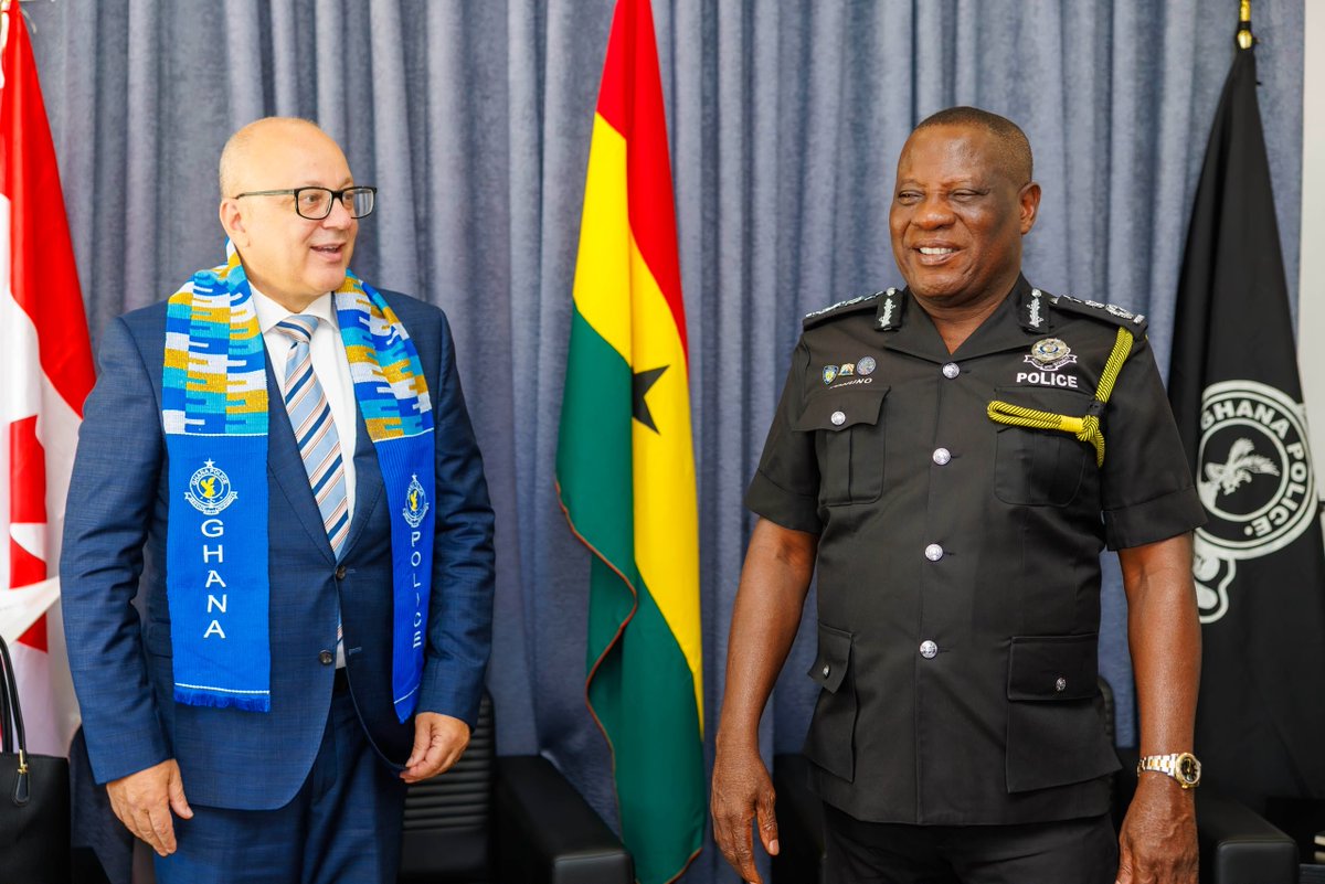 GhPoliceService's tweet photo. #PHOTOSTORY📷H.E. MYRIAM MONTRAT, HIGH COMMISSIONER OF CANADA TO GHANA, TOGETHER WITH MR. ROBERT LIDSTONE OF THE CANADA BORDER SERVICES AGENCY (CBSA), PAID A COURTESY CALL ON THE INSPECTOR-GENERAL OF POLICE, MR. CHRISTIAN TETTEH YOHUNO, AT THE NATIONAL POLICE HEADQUARTERS, ACCRA https://t.co/9fIjZd5UH8