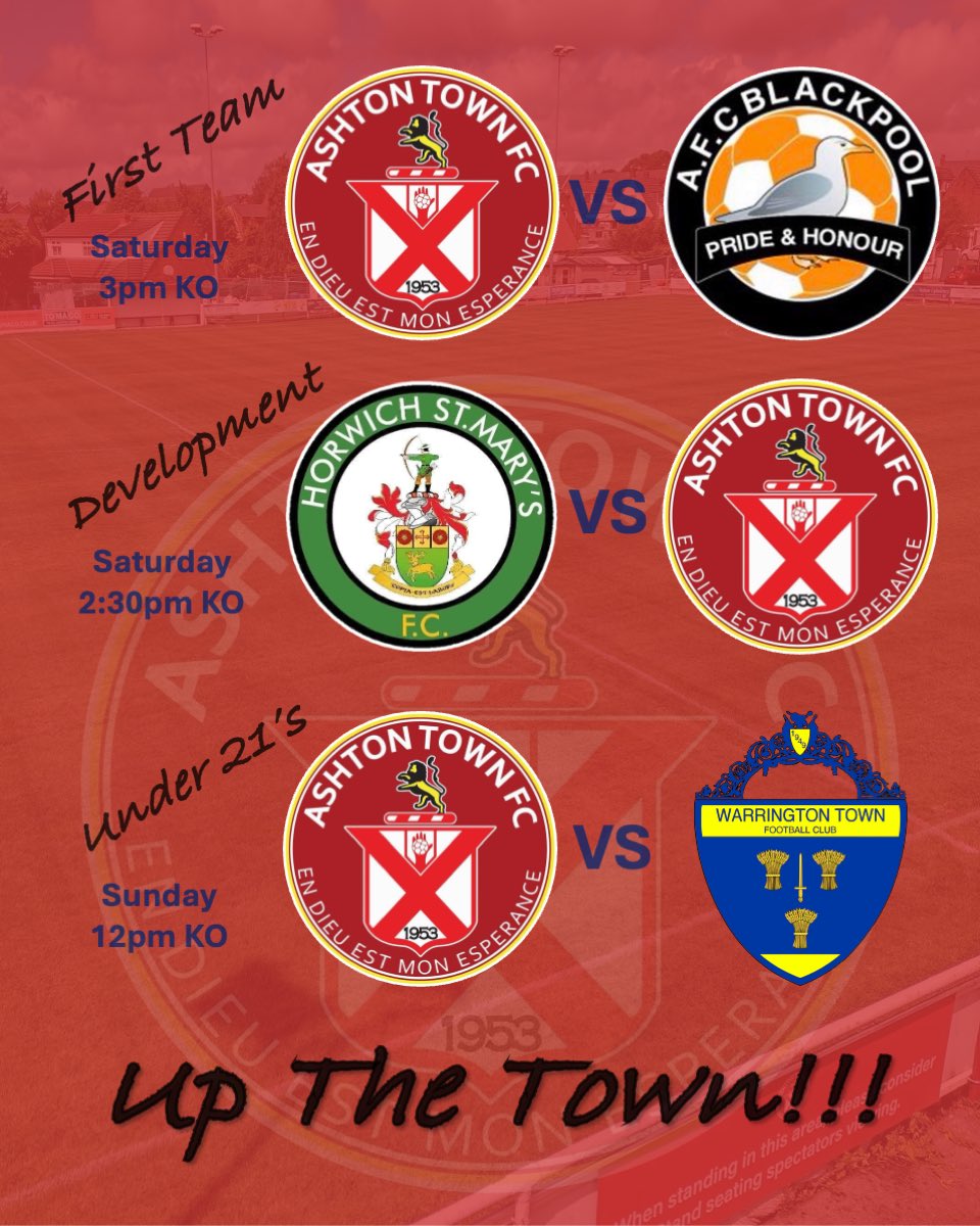 ashtontownfc's tweet photo. FIXTURES THIS WEEKEND…

The first team welcome @AFCBlackpool to the Bartons Group Stadium on Saturday for a 3pm KO.

Also on Saturday the development team make the short trip to local rivals Horwich St Marys. KO is 2:30pm.

Then on Sunday our Under 21’s take on @theyellows https://t.co/ZnYHx4Ei4x