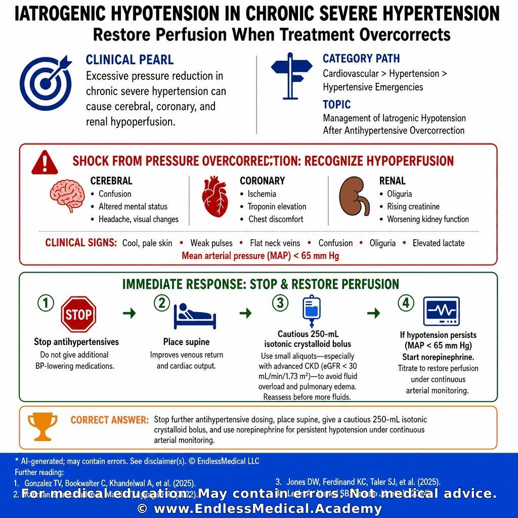 EndlessMedical's tweet photo. 📿 Medical Pearl

Category: Hypertension > Hypertension in Chronic Kidney Disease (CKD)

Excessive pressure reduction in chronic severe hypertension can cause cerebral, coronary, and renal hypoperfusion.

Clinically, cool skin, confusion, oliguria, elevated lactate, and a mean arterial pressure below 65 mm Hg indicate shock requiring immediate reversal of the treatment strategy.

At a basic level, stop antihypertensives and restore perfusion.

At an advanced level, use small crystalloid aliquots in advanced chronic kidney disease and initiate norepinephrine when hypotension persists, because large empiric fluid loads may cause pulmonary edema.

🔗 Learn more: https://t.co/fKSiLzcdFS

#MedicalEducation #ClinicalMedicine #ClinicalPearl

@MedTwitter @MedPedsJournal

Dig deeper on this topic at https://t.co/ofNUUCifgT, where multiple AI models debate, cross-check references, and verify calculations to give you the most updated and accurate medical information with minimal hallucinations and errors.

Further reading:

1. Gonzalez TV, Bookwalter C, Khandelwal A, François CJ, Takahashi EA, Rajiah PS. Imaging in Renovascular Hypertension: State of the Art. RadioGraphics. 2025;45(12):e240211. - RadioGraphics - (2025) - by Gonzalez TV, Bookwal...
Confidence: 100%
Educational value: Supports understanding of the medical concepts in the question.
https://t.co/y4mpeoZuwk

2. 2025 AHA/ACC/AANP/AAPA/ABC/ACCP/ACPM/AGS/AMA/ASPC/NMA/PCNA/SGIM Guideline for the Prevention, Detection, Evaluation and Management of High Blood Pressure in Adults - (2025) - by Jones DW, Ferdinand ...
Confidence: 100%
Educational value: Supports understanding of the medical concepts in the question.
https://t.co/hwUnAJ0wIz

3. KDIGO 2024 Clinical Practice Guideline for the Evaluation and Management of Chronic Kidney Disease: Executive Summary - (2024) - by Levin A, Ahmed SB, C...
Confidence: 100%
Educational value: Supports understanding of the medical concepts in the question.
https://t.co/G9vsO1pkXs

Links to sources are provided for optional further reading only.

Verified, approved and authored using AI by Lukasz Kiljanek MD, board-certified in Internal Medicine, Nephrology and Hypertension
*For medical education. May contain errors. Intended for licensed healthcare professionals & educators. Not medical advice. Full disclaimer: https://t.co/d57C8xdFf2
