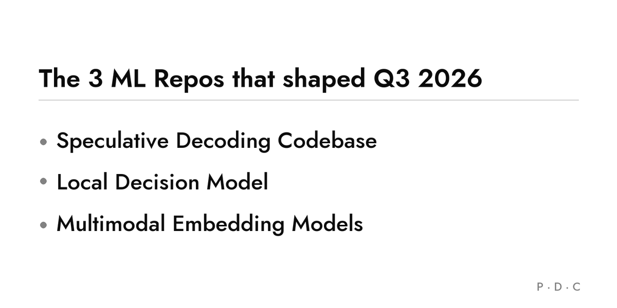 papersdatacode's tweet photo. 🧵 The 3 #ML Repos that shaped Q3 2026

1. deepseek-ai/DeepSpec
Unlike single-method decoding repos, it unifies data prep, multi-GPU training, and evaluation across DSpark, DFlash, Eagle3, and four target-model setups.

2. jaredpalmer/kev
Unlike recent typed-decision repos, it packs many question types into one calibrated, decode-free pass with 2.0× speedup and 4e-6 output parity.

3. Tencent/WeMM-Embedding
Unlike single-modality embedders, it unifies five input types in one space and retains 98.7% image/video performance at 256 dimensions.

Full breakdown ↓