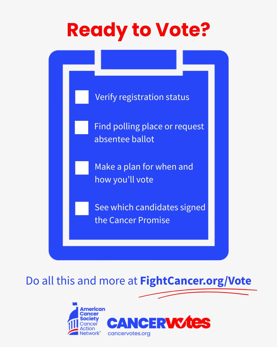 ACSCAN's tweet photo. 🗳️ Election Day is closer than you may think.

Our Voting Center makes it easy to get ready. With a few clicks, you can find your polling location, request an absentee ballot, and more!

Make your voice heard and make your plan to vote today. #CancerVotes https://t.co/fo8WPiXvEt https://t.co/s7qQg43mWr
