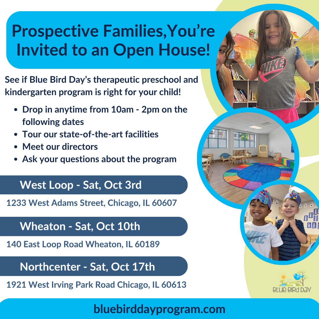 BBDProgram's tweet photo. Prospective families, we're excited to invite you to an Open House at one of our Blue Bird Day locations!

Come tour one of our facilities, meet our clinic directors, and learn more about how we can support your child's growth and development!

RSVP: https://t.co/IagoEo454t https://t.co/bRMNtWp2vt