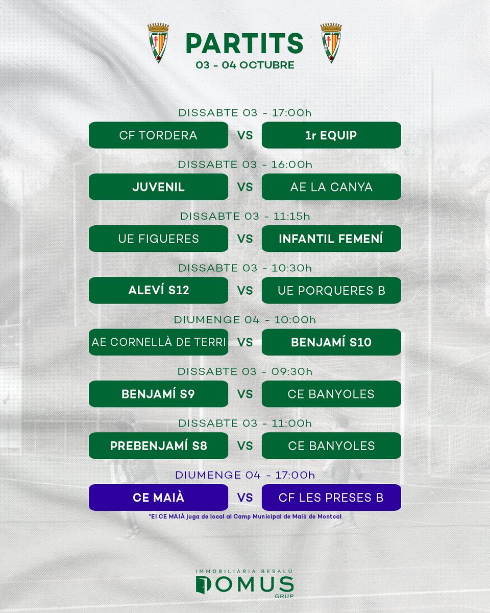 CEBesalu's tweet photo. 🗓️AGENDA DE PARTITS

🗣️Tornen les competicions per la gran majoria d’equips‼️💚

#AmuntBesalú💚 #SomVerdiBlancs https://t.co/vi3DIP3it5