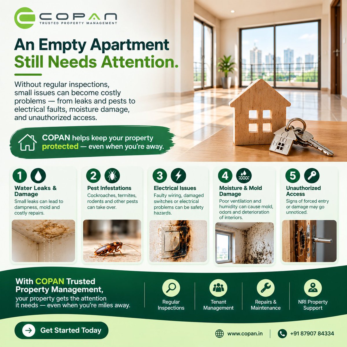 copan_property's tweet photo. An empty apartment still needs attention.

Without regular inspections, small issues can become costly problems—from leaks and pests to electrical faults, moisture damage, and unauthorized access.

COPAN helps keep your property protected—even when you’re away. https://t.co/Efe6HGGqmJ