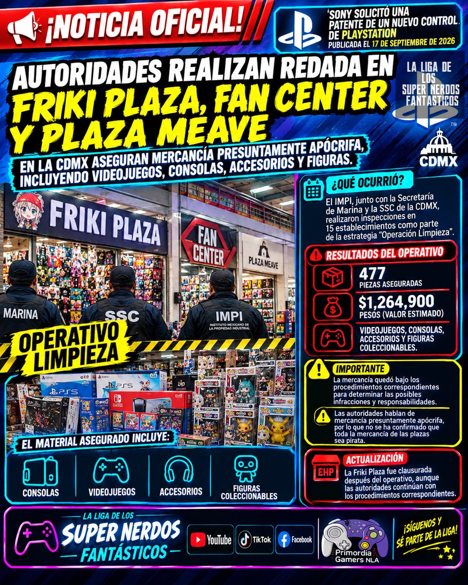 LLDLSNF's tweet photo. ‼️ #NoticiasFantasticas ‼️

👮 La SSC, IMPI y Marina de la Ciudad de México catearon la #FrikiPlaza, #FanCenter y #PlazaMeave en un operativo limpieza donde incautaron más de un millón de pesos en juegos, figuras, accesorios y consolas piratas o con reporte de robo 🥷

#lldlsnf https://t.co/12tWoGmTFG
