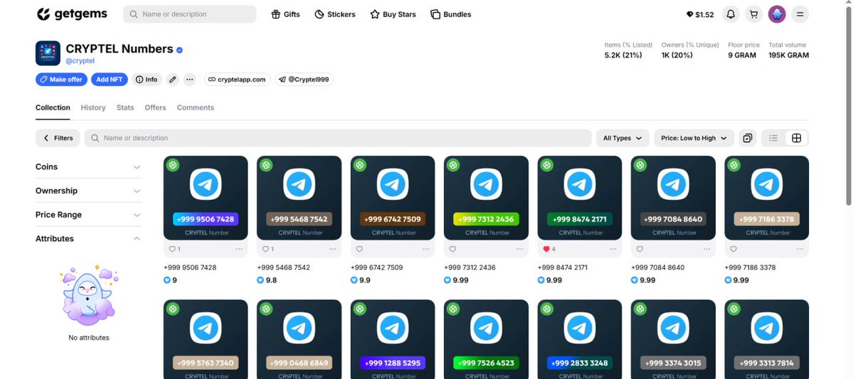CRYPTELNumbers's tweet photo. 👀 Take a look at CRYPTEL on Getgems.

💎 195K+ GRAM total volume
👤 1K+ unique owners
🔥 5.2K+ numbers traded
🏆 #15 Weekly Top Collection
And the floor is still just 9 GRAM.
9,999 numbers.
One limited collection.
How early are we? 👀

#CRYPTEL #TON

https://t.co/SJiZtriyzG https://t.co/HZI9SX9Ebn