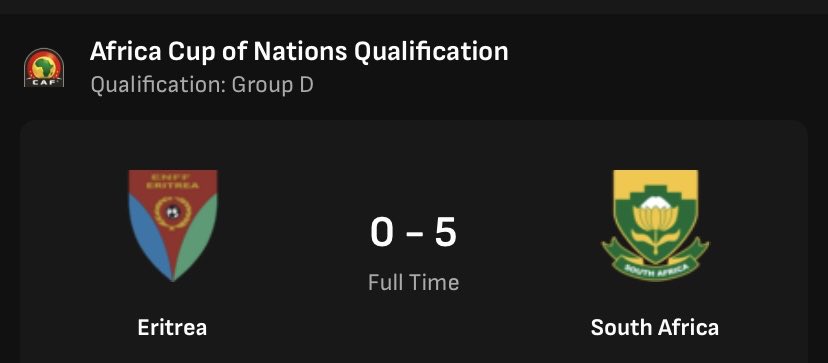 nyiko13363's tweet photo. South Africa have secured a commanding 5–0 victory over Eritrea in their AFCON 2027 qualifier.

The result gives Bafana all three points in Group D as they continue their campaign to qualify for the tournament. ⚽

#BafanaBafana #AFCON2027 #ERIRSA
@OneNewsONN https://t.co/GOOcPYBPVQ