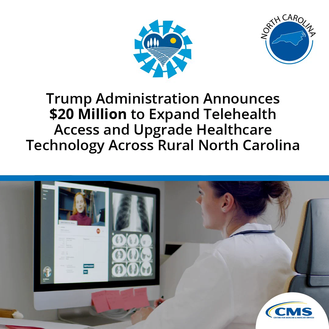 The image features a screen displaying a video call with a healthcare professional and medical images, including X-rays. A person is seated at a desk interacting with the screen. Logos for the USDA, North Carolina, and CMS are present. The text announces a $20 million investment by the Trump Administration to expand telehealth and upgrade healthcare technology in rural North Carolina.