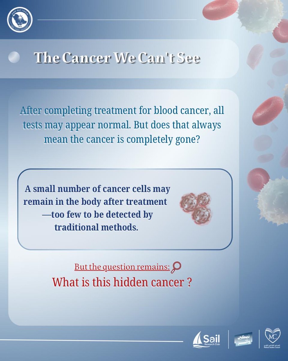 MSCKFU's tweet photo. مع ختام شهر التوعية بسرطان الدم… تستمر رحلة البحث والاكتشاف 🩸🔬

إلى أي مدى استطاع العلم اليوم تعقّب الخلايا السرطانية الخفية بعد العلاج؟

يقدم لكم نادي سيل نظرة بحثية مركزة على أحدث دراسات الـ ctDNA في مراقبة مرضى سرطان الدم والتنبؤ بالانتكاس.

التفاصيل كاملة في الشرائح المرفقة 📑

#المجلس_الطلابي_الطبي
#شهر_التوعية_بسرطان_الدم