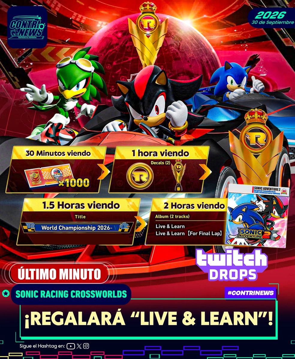 contriteorb4's tweet photo. #CONTRINEWS
El famoso tema de CRUSH 40, "Live &amp; Learn", llegará a #SonicRacingCrossworlds, la forma de conseguirlo será viendo la transmisión oficial del Final del torneo de campeones este próximo 9 de Octubre en el canal de Twitch de Sonic, junto a otros premios #TwitchDrops https://t.co/lAxSmlDM6c