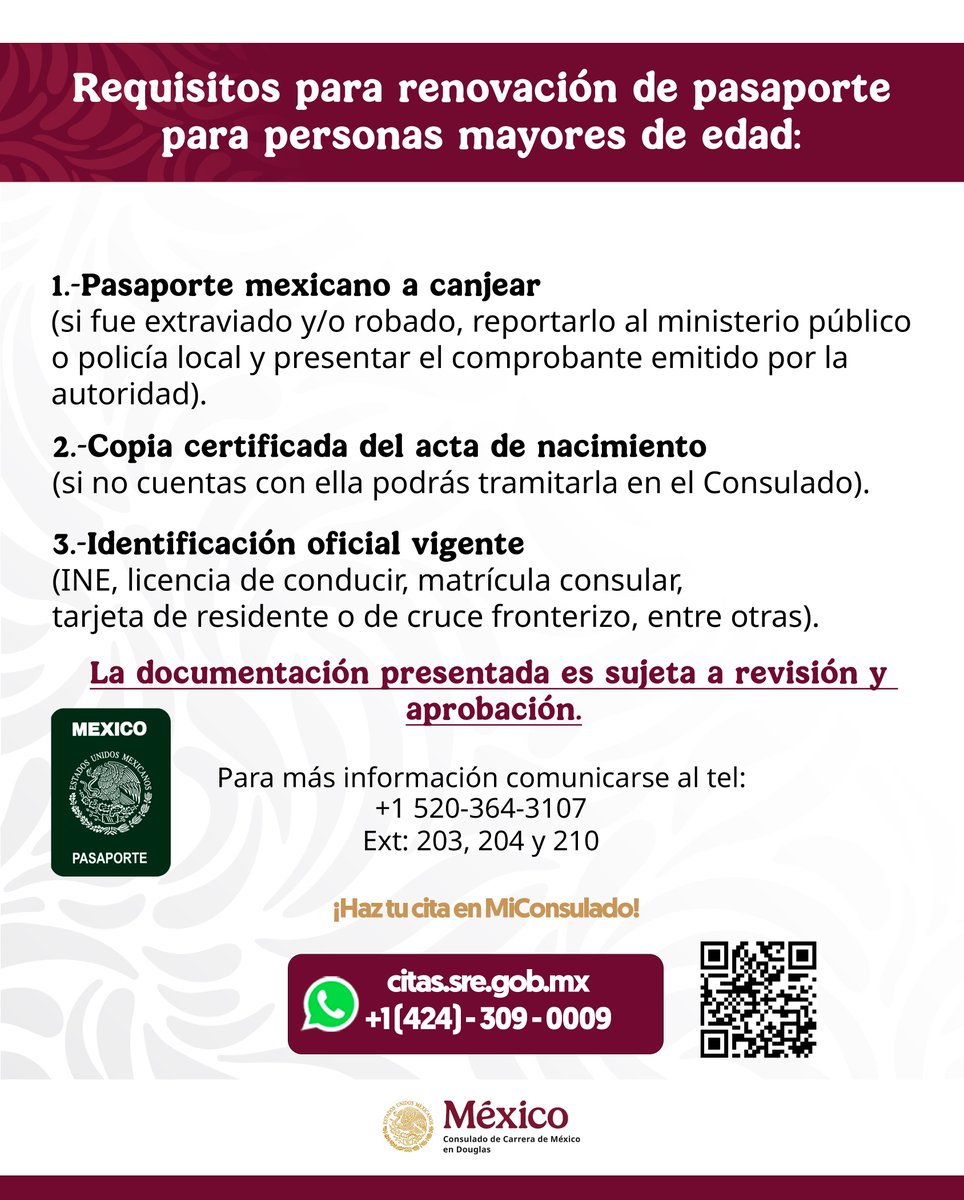 ConsulMexDou's tweet photo. Tramita tu pasaporte en #ConsulMexDouglas.
Conoce los requisitos con los que debes acudir para tramite de pasaporte para mayores de edad.
¡Haz tu cita en MiConsulado!
https://t.co/AuI7uZNE3s
Llama o envía un mensaje por WhatsApp al 1(424)-309-0009 https://t.co/RNuTXV73hN
