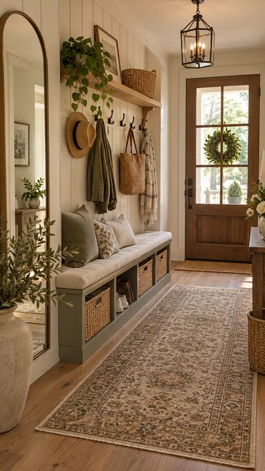 A farmhouse-style entryway featuring a wooden bench with storage baskets, a large arched mirror, hanging plants, woven bags on hooks, and a patterned runner rug on the wood floor.