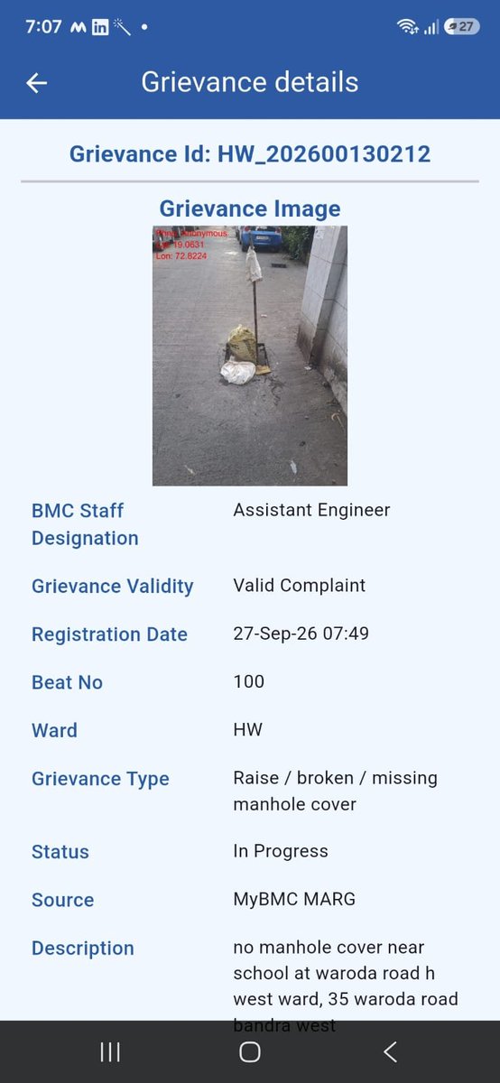 CommunityBandra's tweet photo. @mybmcWardHW Raised on 27 Sept: missing manhole cover near a school, Waroda Road, Bandra West. Complaint marked “Valid” and still “In Progress.” No action yet. ⚠️

How long before basic safety standards are maintained? @mybmc #BMC #SafetyFirst #BandraWest https://t.co/G85qLFSvnX