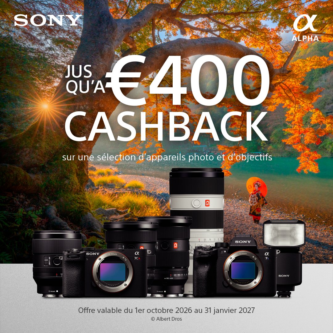 PCHPROSHOP's tweet photo. Le Sony Winter Cashback est de retour !
Du 01/10/2026 au 31/01/2027, profitez de jusqu’à 400 € de cashback sur une sélection de boîtiers, objectifs et accessoires Sony Alpha.
Liste complète :
https://t.co/Zd4PIh7pEY
#Sony #SonyAlpha #WinterCashback #Cashback #PCHProShop https://t.co/DHMTxu2PU8
