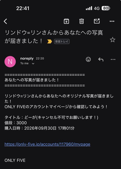 A screenshot of a Japanese email notification from ONLY FIVE, stating that an original photo from 'リンドウリリン' (Rindo Ririn) has arrived, purchased on 2026年09月30日 for 3000 yen.
