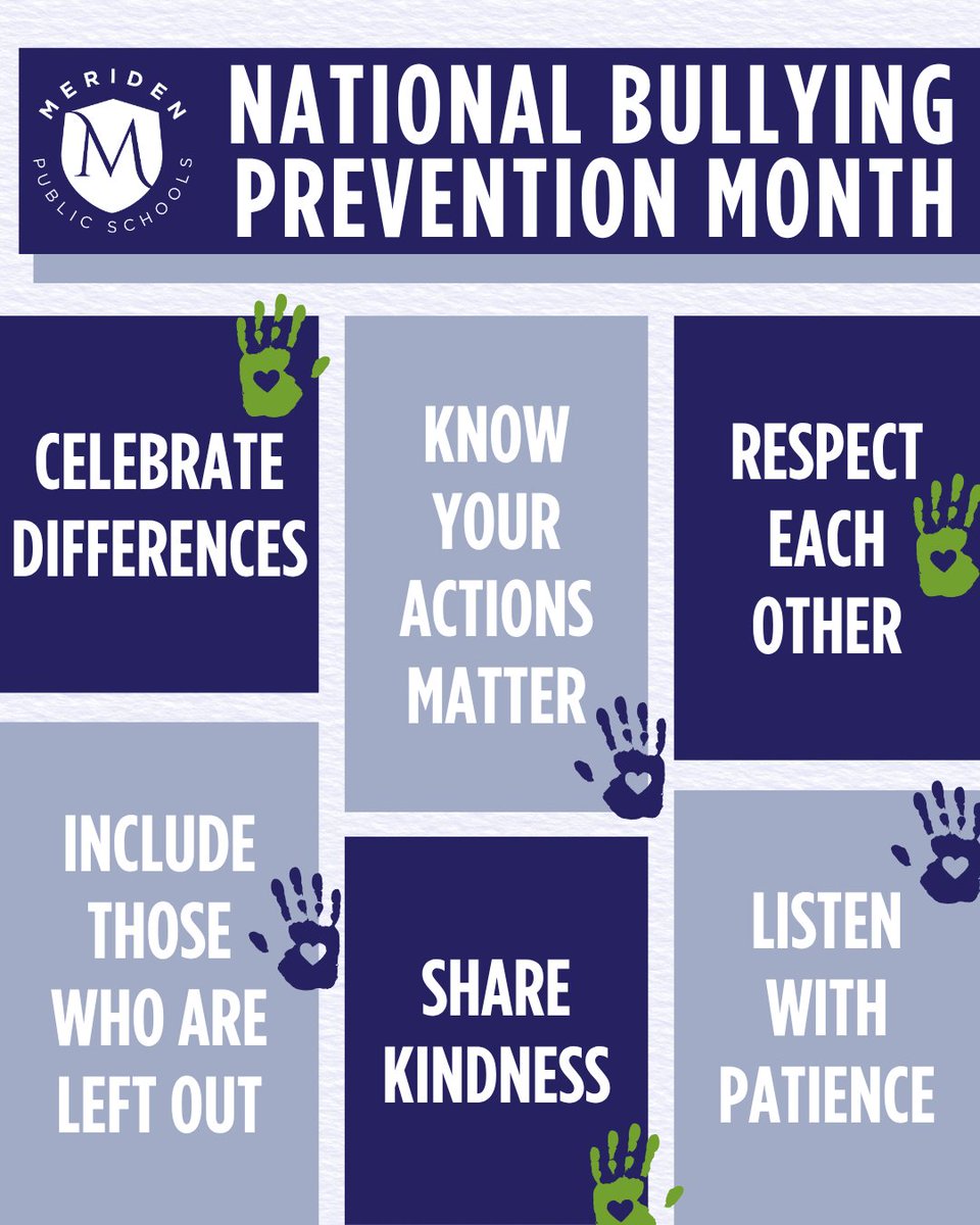 MeridenK12's tweet photo. 💙 October is National Bullying Prevention Month. Every student deserves to feel welcome and respected at school. Let’s continue building a culture where kindness and inclusion are part of every day.

#wootwoot #herestudentssucceed #MeridenCT https://t.co/DzdSTK6Ytb