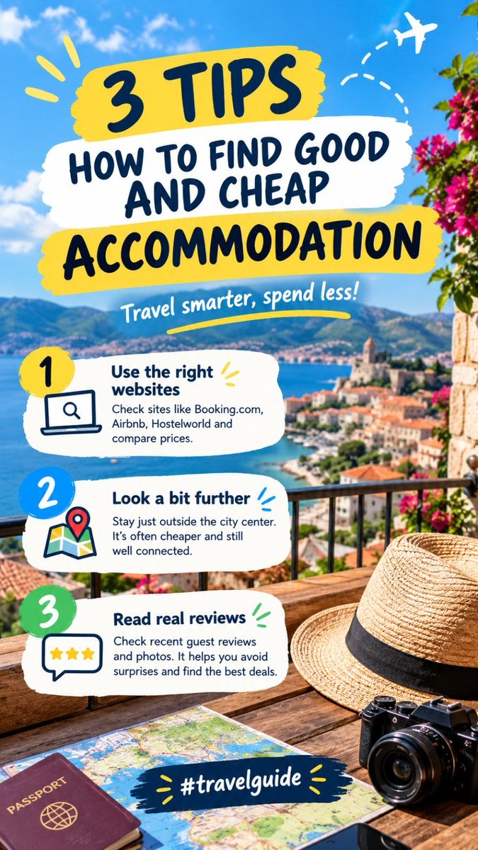 travelguide121's tweet photo. 💸 Looking for a great place to stay without paying too much?
Try these 3 easy tips before booking! 🧳🏨
#travelguide #budgettravel #travelhacks #travelreels #cheapaccommodation #traveltips https://t.co/dazCaQHyS6