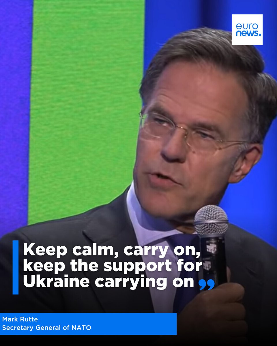 euronews's tweet photo. "Keep calm, carry on, keep the support for Ukraine carrying on," NATO Secretary-General Mark Rutte tells #EuronewsDefenceSpace2026 #TheEuropeConversation https://t.co/HUPkyncerR