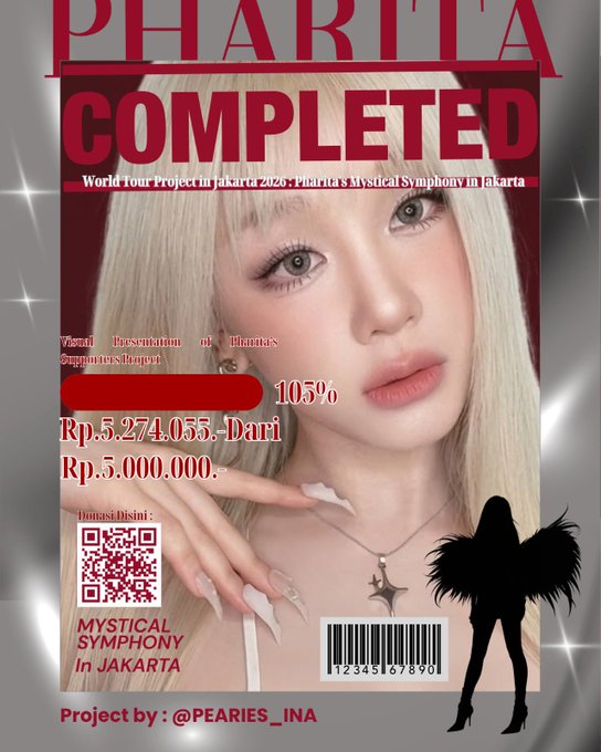 A promotional graphic for "PHARITA COMPLETED" featuring a blonde woman, with text mentioning "World Tour Project in Jakarta 2026: Pharita's Mystical Symphony in Jakarta", donation amounts of "Rp.5.274.055,- Dari Rp.5.000.000.", and a project credit to "@PEARIES_INA".