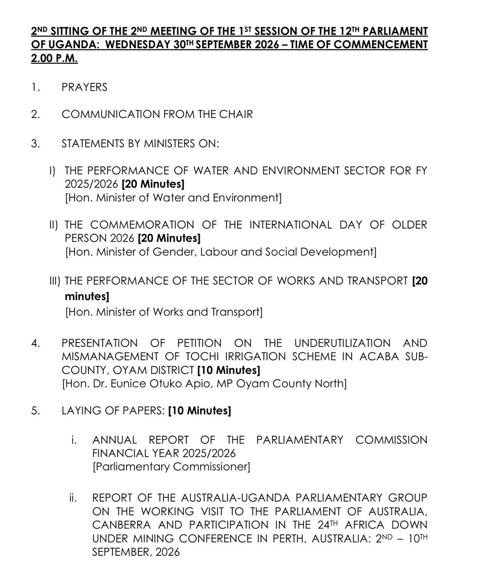 NCOPUganda's tweet photo. Today’s @Parliament_Ug Order Paper includes discussions on the commemoration of the International Day of Older Persons.
@NasinyamaS44705 
@Turya_osborn 
@JacqueMbabazi https://t.co/GVWY52XAT1