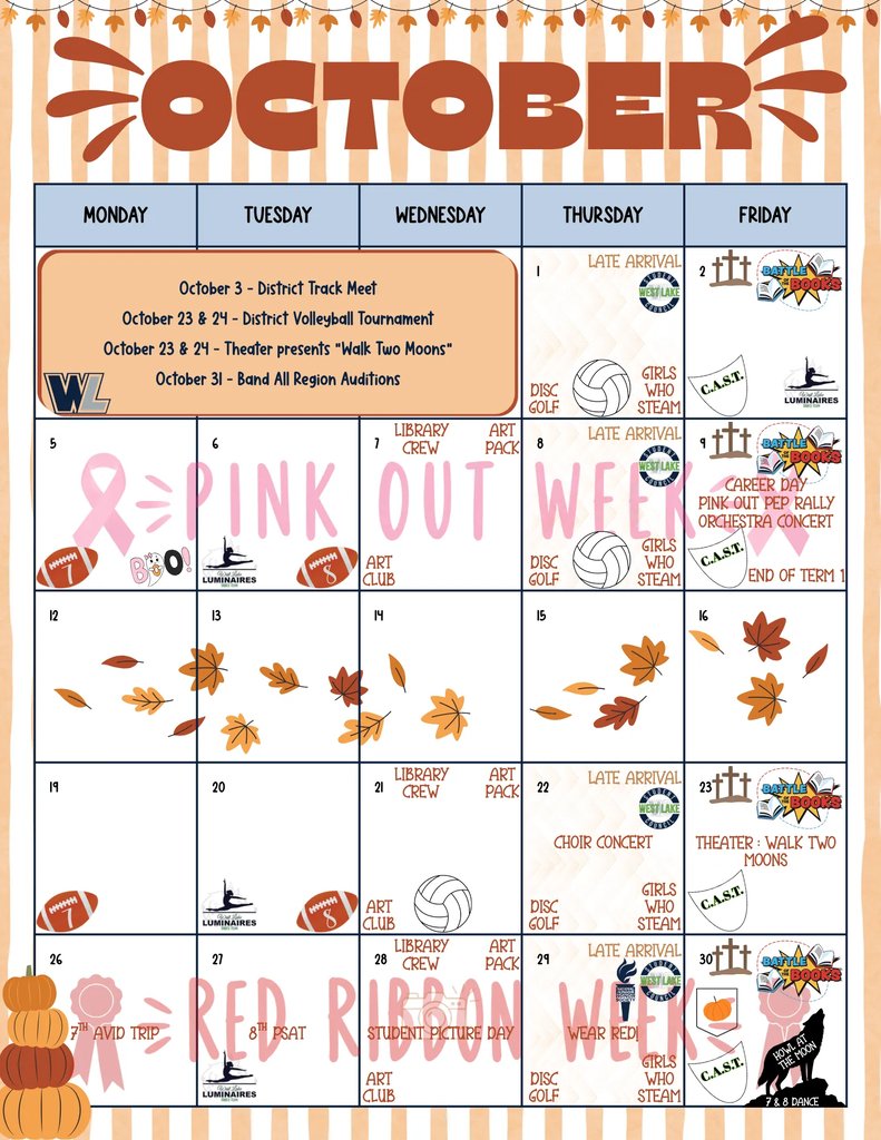 HumbleISD_WLMS's tweet photo. Hey WL! Check out the October sports, clubs, and spirit days calendar! Visit the calendar here and bookmark it for future reference! https://t.co/u7YleCSW8B https://t.co/wxdrCTzcgn