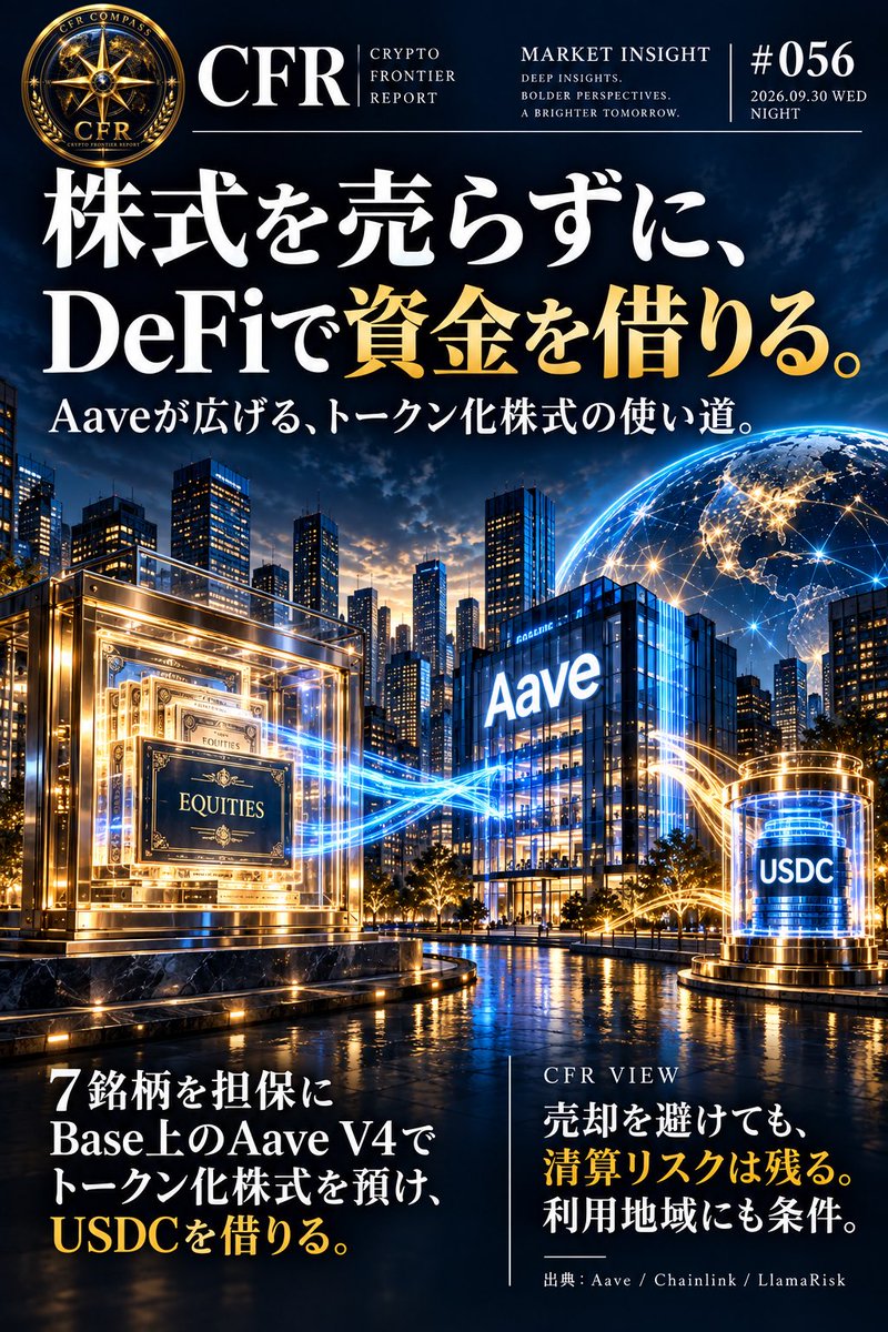 CFRj64's tweet photo. CFR｜MARKET INSIGHT #056
2026年9月30日（水）｜夜刊

株式を売らずに、DeFiで資金を借りる。
Aaveが広げる、トークン化株式の使い道。

株式を保有したまま、別の用途に使う資金を確保する。
その選択肢が、ブロックチェーン上の金融にも広がっています。

Aave Labsは9月25日、Base（ブロックチェーン）上のAave V4で、Coinbaseのトークン化米国株式7銘柄を担保に、USDC（米ドル連動型ステーブルコイン）を借りられるようになったと発表しました。

対象はApple、Amazon、Alphabet、Meta、Microsoft、NVIDIA、Teslaに対応するトークンです。利用できるのは、米国外の許可された地域にいる適格な利用者です。

【変化は「取引」から「担保」へ】

DeFiとは、スマートコントラクトで動く金融サービスです。

今回、対象の株式トークンを保有する利用者は、それをAaveへ預け、担保としてUSDCを借りられます。証券口座の普通株をそのまま預ける仕組みではありません。トークンは、発行体が保管する実際の株式に経済的な権利を持つ証書です。

重要なのは、トークン化株式の用途が売買だけでなく、資金調達へ広がったことです。株式への投資を続けながら資金を得られる一方、借り入れには利息がかかります。

【売却を避けても、清算は起こり得る】

株価が下がれば、担保の価値も下がります。借り入れに対して担保が不足すると、債務返済のために担保が処分される「清算」が起こり得ます。

さらに、ここには2つの時間があります。

Aaveの市場は原則24時間365日動きますが、今回使うChainlinkの株式価格データは24時間・週5日の更新です。週末や米国市場の休場日には、最後に公表された価格を保持します。株式分割などでは、対象資産の操作が一時停止する場合もあります。

画面の担保評価額が動かない週末でも、借入利息は積み上がります。市場再開後に価格データが下落を反映すれば、その時点で清算条件に入る可能性もあります。

「24時間借りられる」ことは、「担保のリスクを常に最新価格で測れる」こととは違います。

【CFR VIEW】

以下はCFRの見方です。

トークン化が進む意味は、資産の表示形式が変わることに加え、その資産を別の金融サービスで使えるようになることです。

ただし、普及を判断するには対応銘柄数だけでは足りません。実際の借入需要、担保を処分できる市場の厚み、休場時の価格管理、利用地域の条件を確認したい。

今回の対象株式トークンは担保専用で、トークン自体の借り入れは開始時点で未対応です。サービスの用途拡大から、ガバナンストークン$AAVEの価格上昇までを直結させることもできません。

株式を売らずに資金を得る便利さと、担保を失う可能性。
両方を理解してこそ、トークン化の進展を評価できます。

出典：Aave Labs（9月25日発表）、Chainlink公式文書、LlamaRiskの初期リスク設計資料。9月30日確認。
https://t.co/BNiggjs7IT

#CFR #MarketInsight #Aave #DeFi #Tokenization