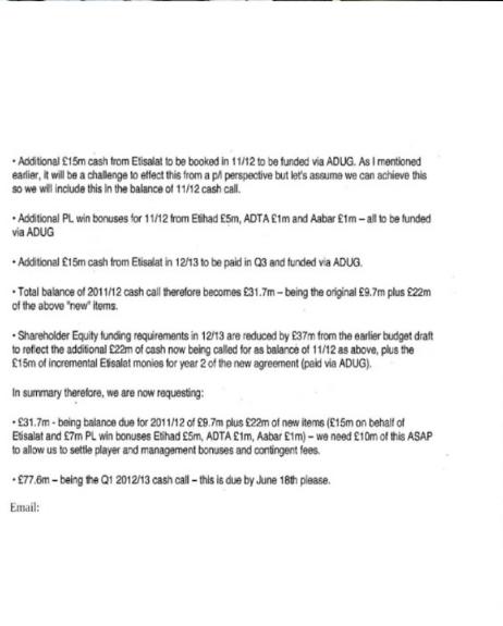 HandofArsenal's tweet photo. See the second line, an alleged employee at City instructing Simon Pearce to ensure all the different payments are FUNDED by 'ADUG'.

See the third line... this is pandoras box. 

All emails sent via work emails too. https://t.co/7QDsKieriA