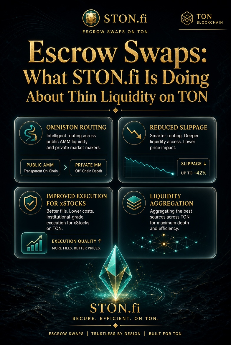 EmmaBest08's tweet photo. Escrow swaps: what https://t.co/f6N6Sm2Htl is doing about thin liquidity on TON

AMM pools only work where liquidity has been provided. When a pair is thin, better routing alone can't fully solve the problem.

Here's what I found when looking into https://t.co/f6N6Sm2Htl's approach.

What it is

Omniston can compare public AMM liquidity with quotes from private market makers/resolvers and route a swap toward the option offering the better execution.

The stated goal: reduce slippage and improve realized prices.

Where it's being used

Tokenized equities such as xStocks can lack deep AMM liquidity.

According to https://t.co/f6N6Sm2Htl's CMO in February 2026, most xStocks volume was already executing through escrow. That's a company statement, not independently verified on-chain data.

What I couldn't verify

• How concentrated the resolver market is
• How much liquidity each resolver supplies
• Independent volume figures

Limits worth knowing

Resolver competition matters. If there are few competitive quotes, users could still receive a worse price or no quote.

https://t.co/f6N6Sm2Htl also said an initial audit of the escrow contracts found no critical issues; the full audit results should be checked directly against the available documentation.

xStocks also have geographic eligibility restrictions, including the US, EU/EEA, UK, Canada and Australia.

My take

For the user, the swap experience can remain largely unchanged — that's an interesting part of the design.

What stands out to me is the direction: https://t.co/f6N6Sm2Htl is increasingly positioning its infrastructure around execution and liquidity aggregation, rather than relying only on AMM liquidity.

Escrow swaps are one concrete example of that shift.

#STONfi #TON #DeFi
