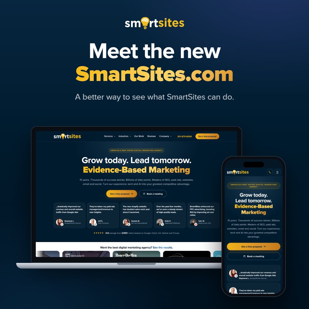 SmartSitesNJ's tweet photo. The new https://t.co/kDY7iVt1ge is live! 900+ case studies, 2,425 client reviews, 15 city pages and 70+ industry pages, built in-house by our team. 💡

Take a look! https://t.co/HhcqYtDr29 🤩

#WebDesign #SmartSites #NewWebsite https://t.co/hoxKnYQfMo