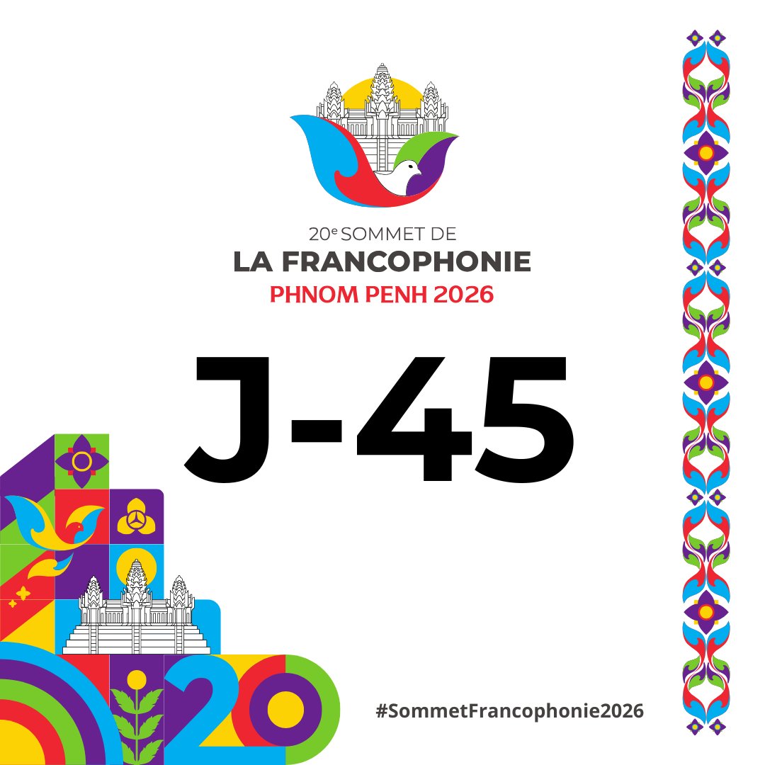 OIFrancophonie's tweet photo. J-45 avant le 20e Sommet de la Francophonie !

Le Sommet de la #Francophonie constitue un moment déterminant pour l’avenir de l’espace francophone. Tous les deux ans, il réunit les chefs d’État et de gouvernement qui en définissent les grandes orientations pour les années à venir.

Pour la première fois, le #Cambodge accueillera ce grand rendez-vous, marquant le retour du Sommet en Asie près de trente ans après Hanoï en 1997.

#SommetFrancophonie2026
#SommetDeLaFrancophonie