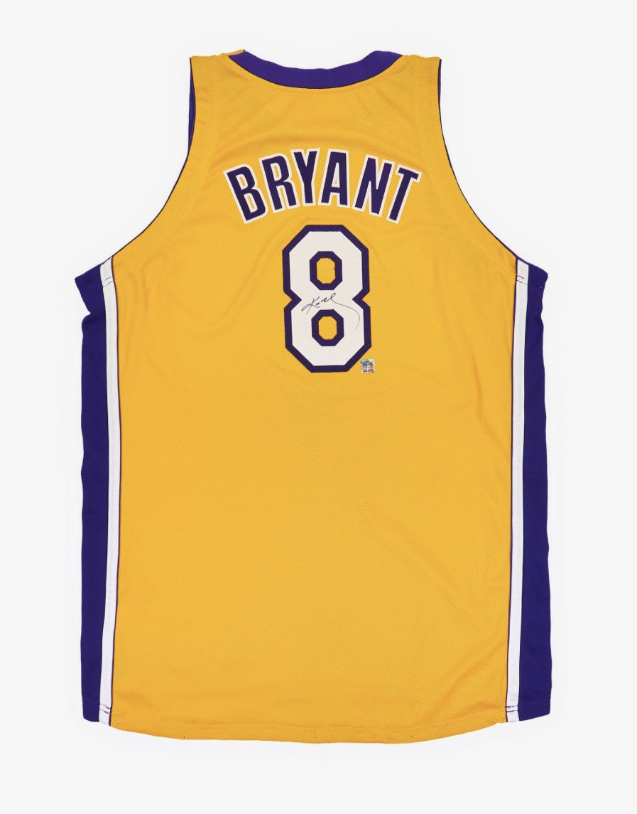 goatcollect's tweet photo. Kobe debuted the Modern Home jersey design during his 1st Championship Season, 1999-00.

The jersey is closely associated with the Kobe/Shaq era.

He would wear the Modern 8 jersey for 6 seasons, through 2005-06, before switching to 24.

This offering at The Realest represents the ONLY known photomatched Kobe Gold 8 Modern Home jersey in the world. 

Population of 1 for the card collectors! Just an extremely iconic piece - from an era when game worn was actual equipment!

This jersey saw 17 games of use - worn throughout Playoff basketball - a major attribute for this unicorn.