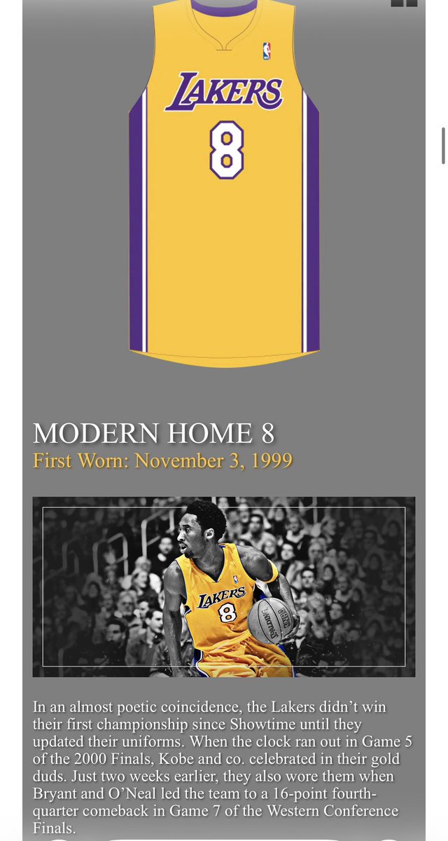 goatcollect's tweet photo. Kobe debuted the Modern Home jersey design during his 1st Championship Season, 1999-00.

The jersey is closely associated with the Kobe/Shaq era.

He would wear the Modern 8 jersey for 6 seasons, through 2005-06, before switching to 24.

This offering at The Realest represents the ONLY known photomatched Kobe Gold 8 Modern Home jersey in the world. 

Population of 1 for the card collectors! Just an extremely iconic piece - from an era when game worn was actual equipment!

This jersey saw 17 games of use - worn throughout Playoff basketball - a major attribute for this unicorn.