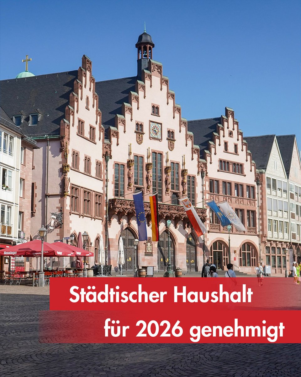 Stadt_FFM's tweet photo. 💰 ✅ Das Land Hessen hat den städtischen Haushalt für 2026 genehmigt. Allerdings wurde die Genehmigung unter verschiedenen, durchaus strikten, Auflagen für das Folgejahr erteilt.  

Mehr dazu 👉 https://t.co/H7xpctdj6F https://t.co/jQ66Kg1kAF