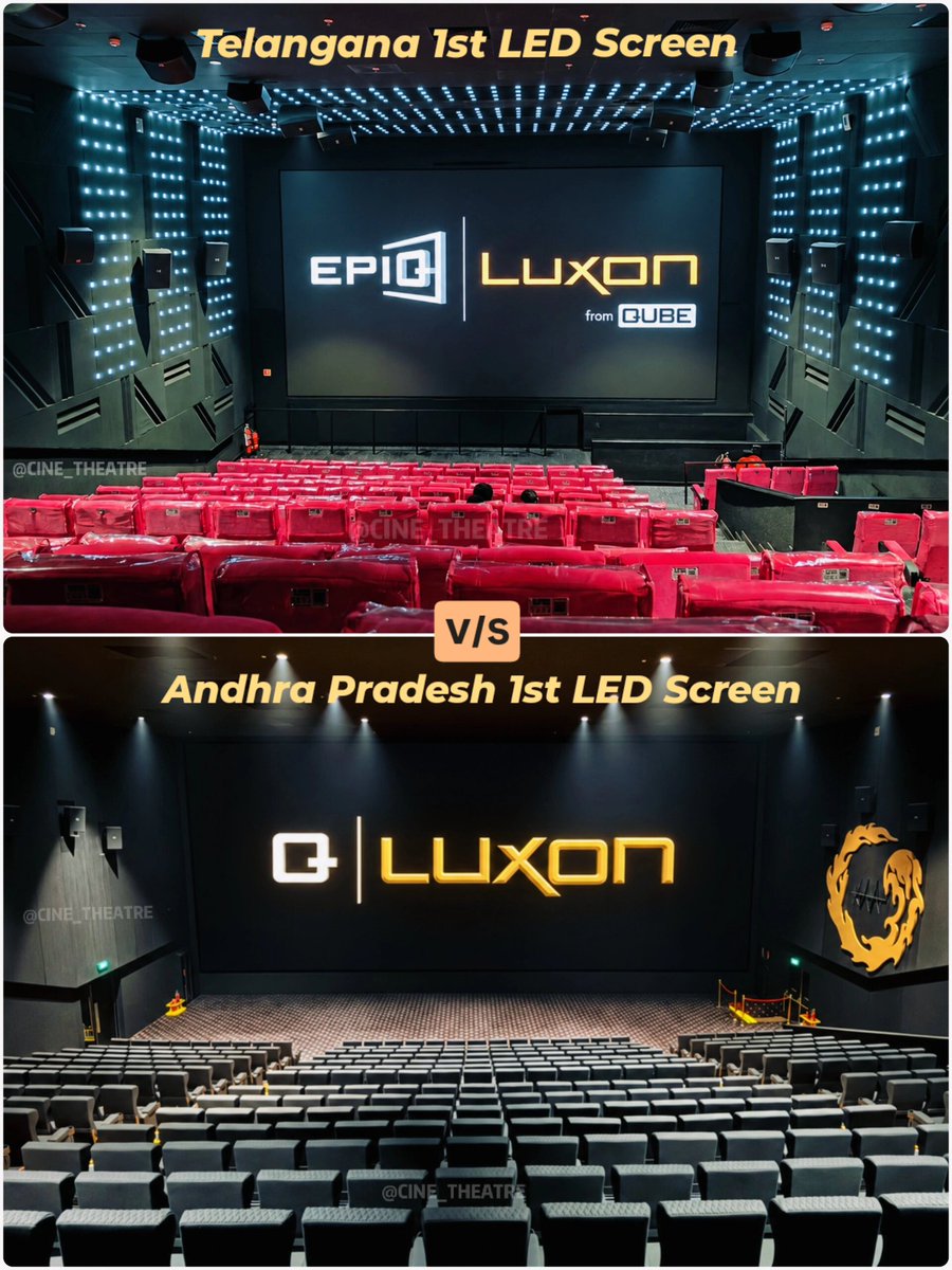 CINE_Theatre's tweet photo. AAA Cinemas – Redefining the LED cinema experience in AP &amp; TG 🫡

#EPIQLuxon Hyderabad
30×16ft - FLAT 1.89
Non-Acoustic Standard LED
Dolby Atmos

#QLuxon Vizag
71 × 29.6ft - Scope 2.39
56 ×29.6ft - FLAT 1.89
Acoustic Transparent LED
64-CH Dolby Atmos

Both screens supports 4K HDR https://t.co/w7JmwDEmeP