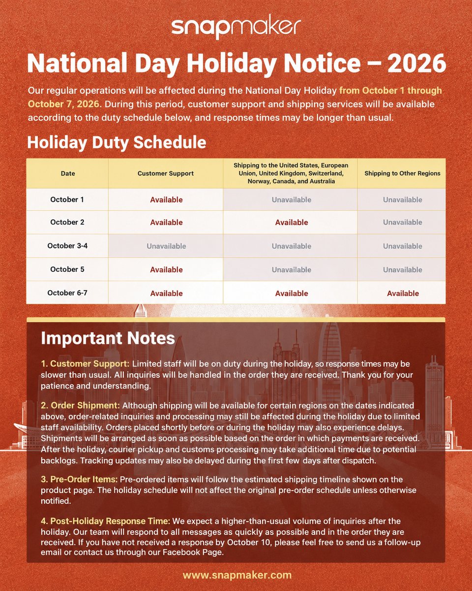 snapmaker's tweet photo. 🇨🇳 We’re taking a holiday break! 🎉

Our team will be on holiday for China’s National Day from Oct. 1–7, and we’ll be back on Oct. 8! 💛

For orders, shipping, and customer support details during the holiday, please check the image. ✨

Keep printing, keep creating, and have fun! 🖨️