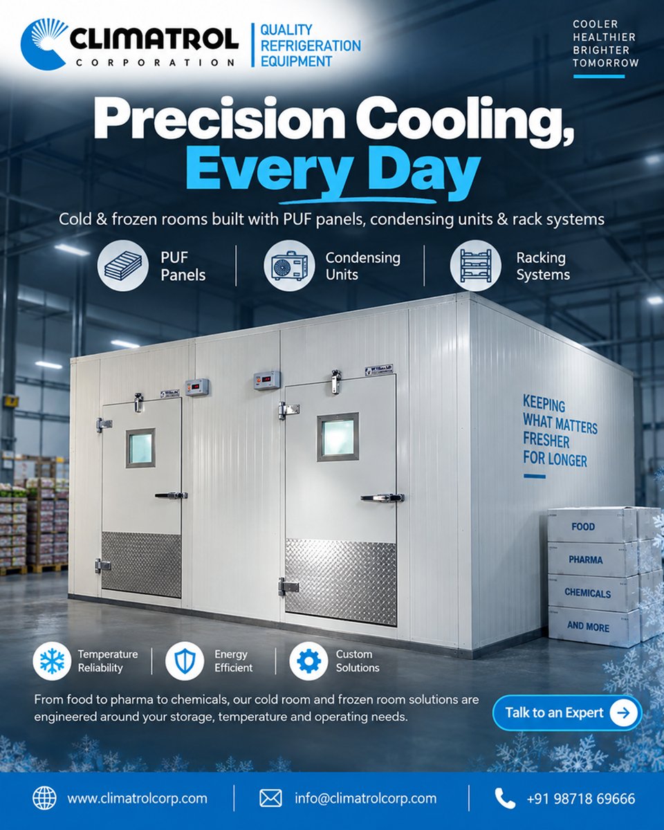 Climatrol_in's tweet photo. From food &amp; frozen storage to pharma and chemicals, ClimatroL Corporation delivers engineered cold room solutions designed around your temperature, storage, and operational needs.

📞Call : +91 98718 69666
🌐 https://t.co/Q1IfMd8tOV
📧 info@climatrolcorp.com

#ClimatroL #Freezer https://t.co/s28fa5dHSq