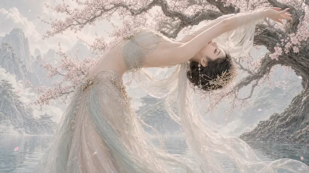 A fantasy illustration depicts an ethereal woman in a flowing pastel gown with elaborate hair accessories, gracefully arching backward among cherry blossom branches with misty mountains and a pagoda in the background.