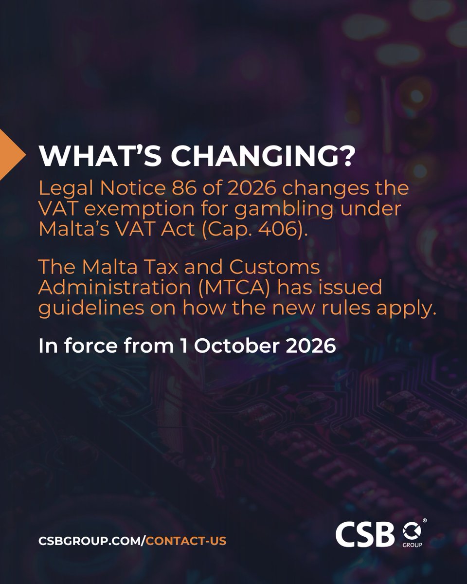 CSBGroup's tweet photo. 🎰 𝐌𝐚𝐥𝐭𝐚'𝐬 𝐕𝐀𝐓 𝐫𝐮𝐥𝐞𝐬 𝐟𝐨𝐫 𝐠𝐚𝐦𝐢𝐧𝐠 𝐜𝐡𝐚𝐧𝐠𝐞 𝐨𝐧 𝟏 𝐎𝐜𝐭𝐨𝐛𝐞𝐫 𝟐𝟎𝟐𝟔. 𝐈𝐬 𝐲𝐨𝐮𝐫 𝐛𝐮𝐬𝐢𝐧𝐞𝐬𝐬 𝐫𝐞𝐚𝐝𝐲?

👉 Swipe through for the key changes and the questions every operator should be asking. https://t.co/BYaXhkTsXy