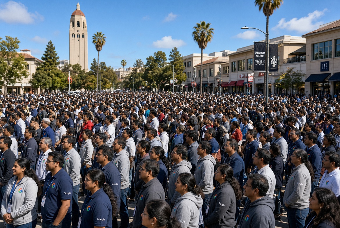 ShaneEBurns's tweet photo. There are now more @Google H1Bs than residents of Palo Alto, California. 

≈61,410 

Google ALONE literally H1B replaced 100% of the heart of Silicon Valley. https://t.co/nsZZ3a2ZdC