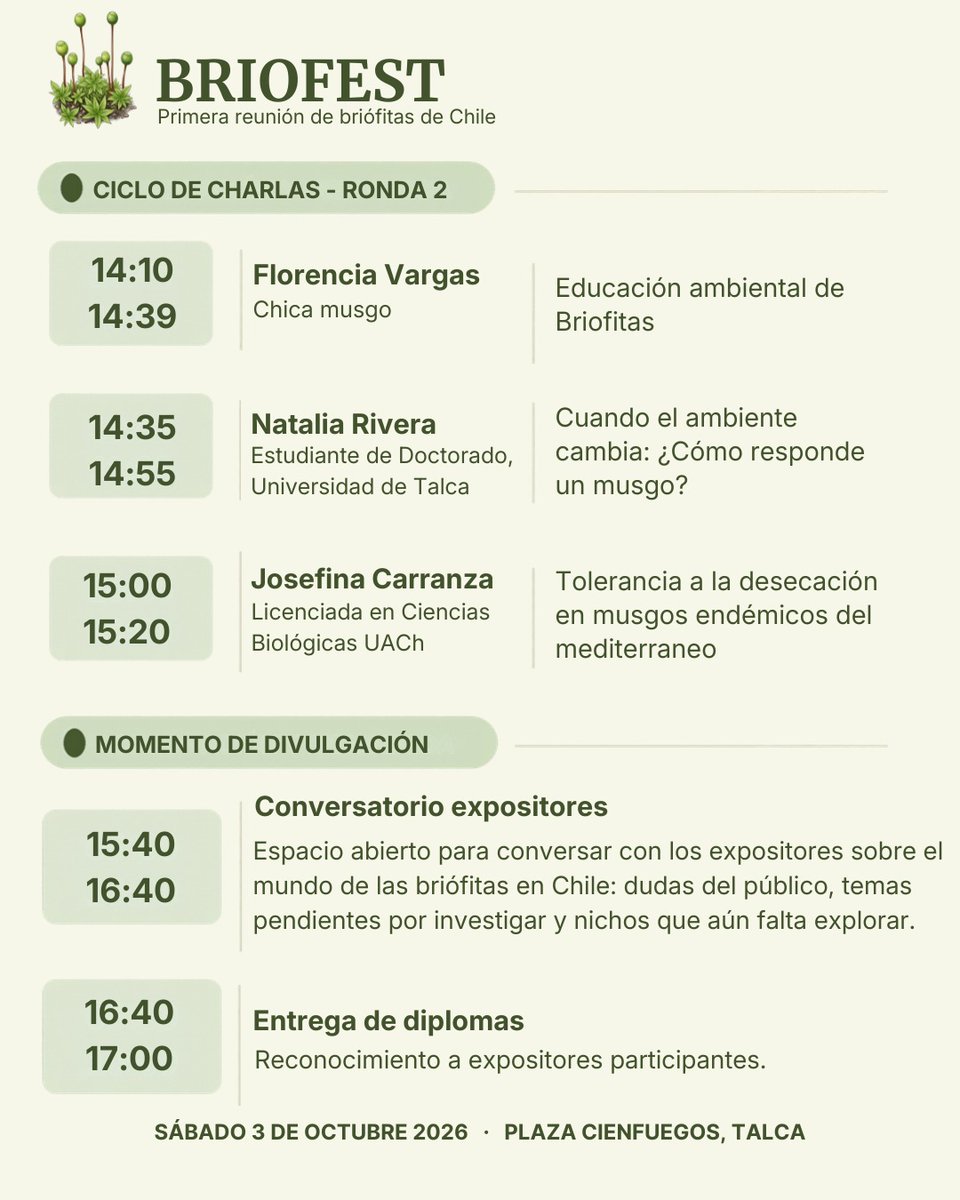 MilenioBASE's tweet photo. Talca📍🌱 Ya está disponible el programa oficial de la primera Reunión de briófitas de Chile #Briofest 

🗓️Sábado 3 de octubre
🟢Plaza Cienfuegos, Talca
🎟️Entrada liberada https://t.co/KBIZ8wO1Os